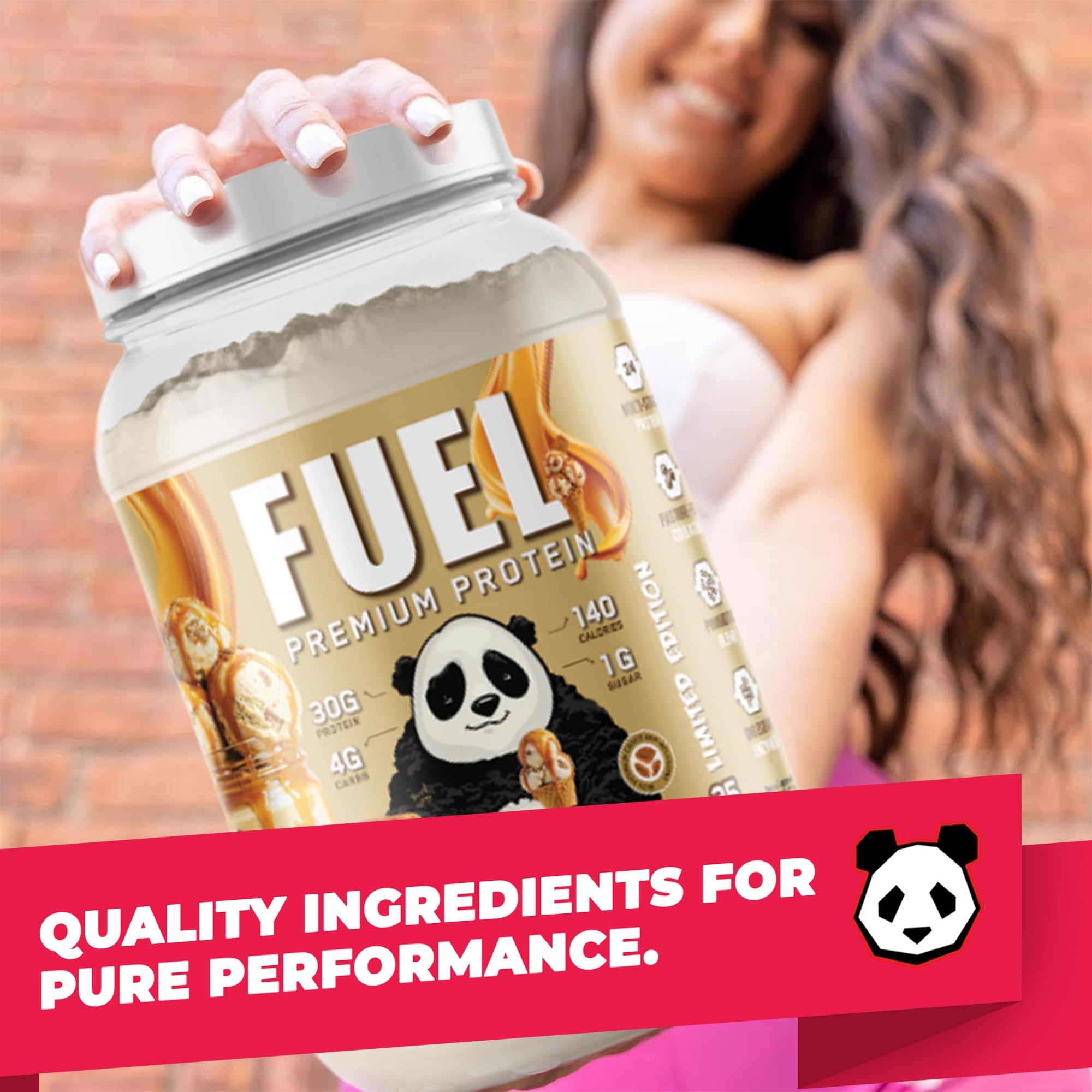 Panda Fuel caramel ice cream crunch jar suggests creamy texture with crunchy inclusions.