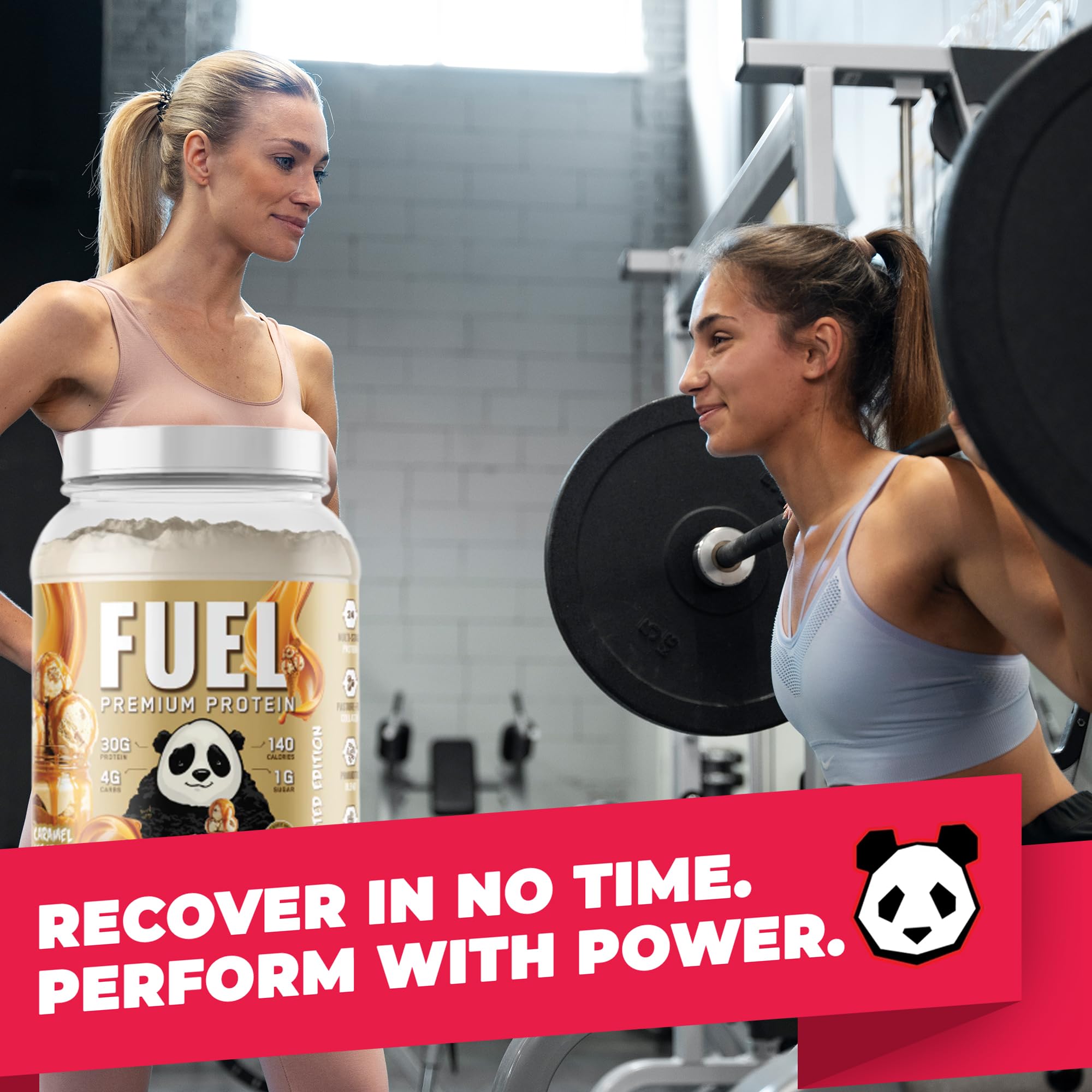 Panda Fuel nutrition panel shows 30 g protein per serving and low sugar.