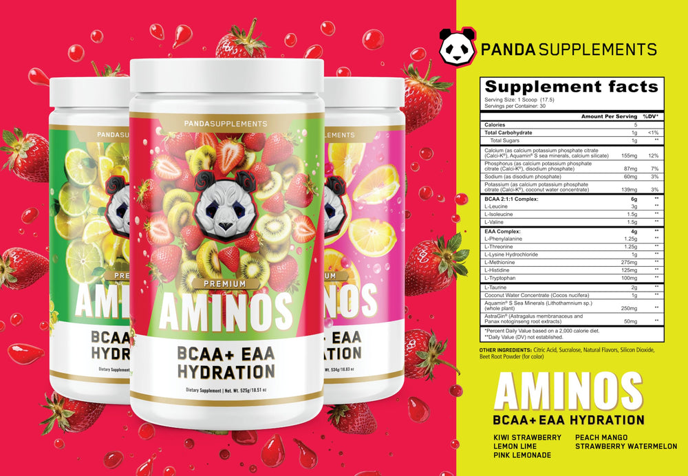 Panda Supps Aminos label highlights minerals for fluid balance.