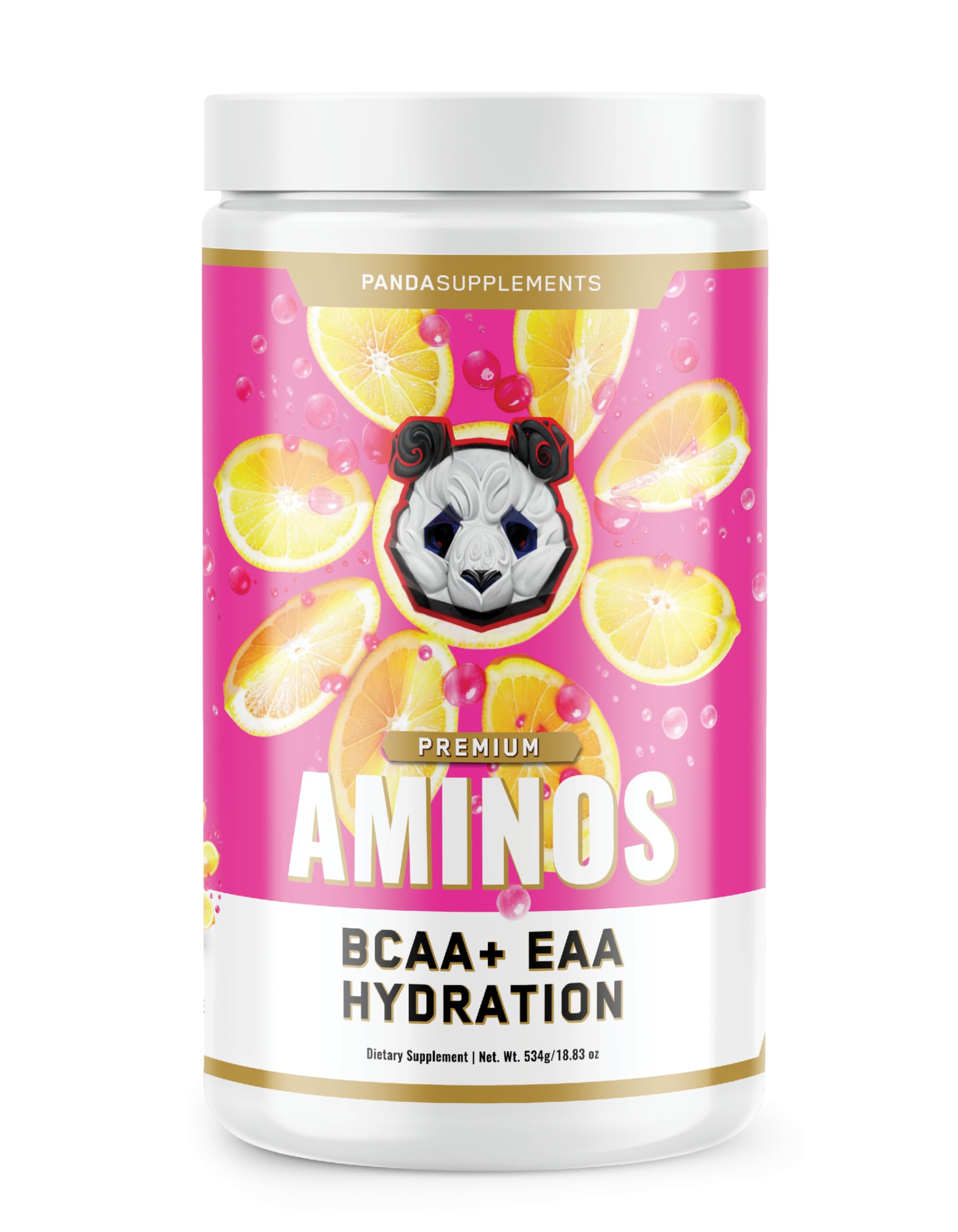 Underground Bio Labs Panda Supps Aminos pink lemonade bottle supports hydration and recovery.