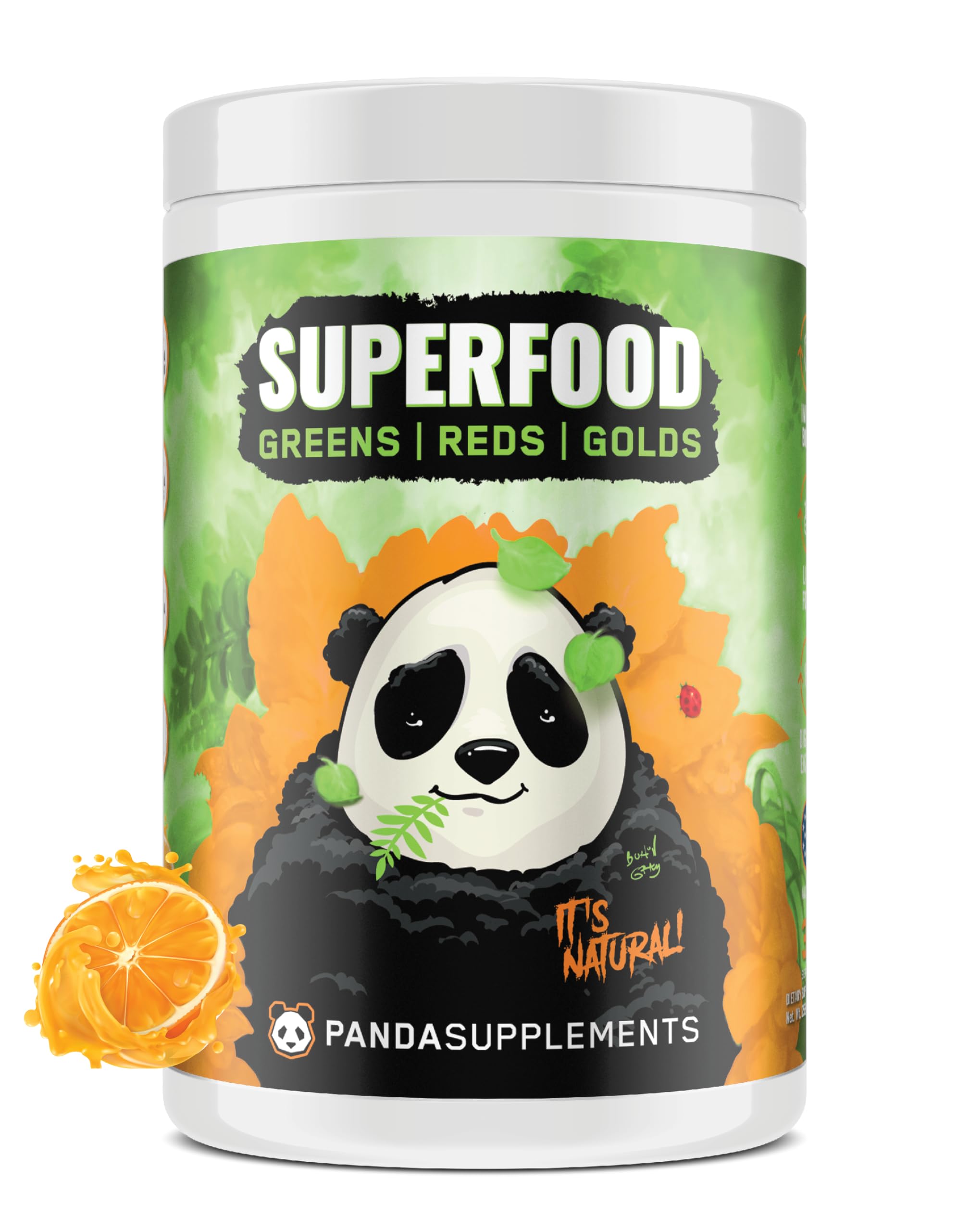 Underground Bio Labs Panda Supps greens bottle front with pineapple greens flavor.