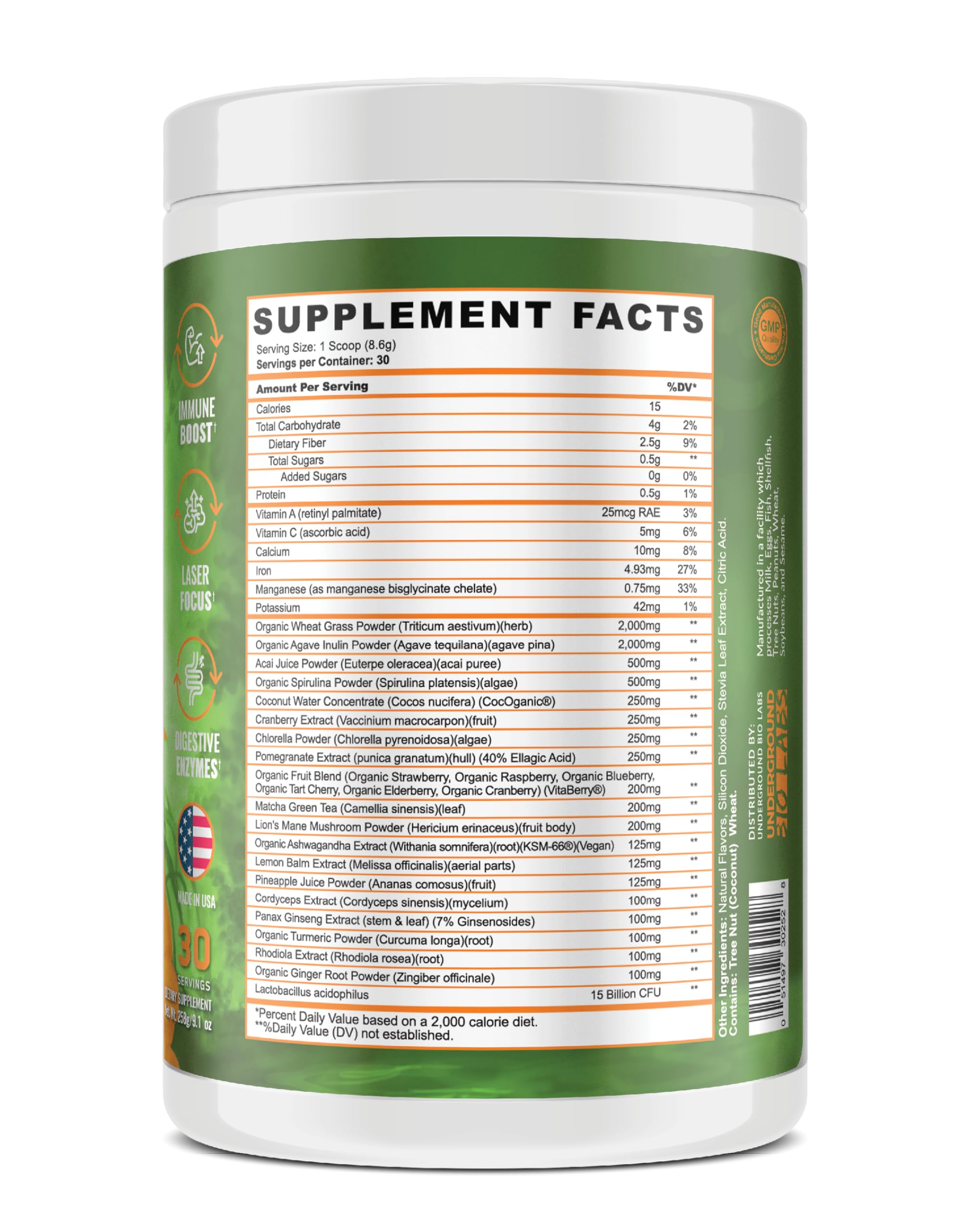 Panda Supps immune boost packaging highlighting 14 organic powders.