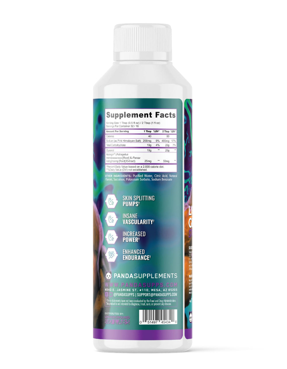 Close-up of Panda Supps label highlights 20g glycerol and Astragine.