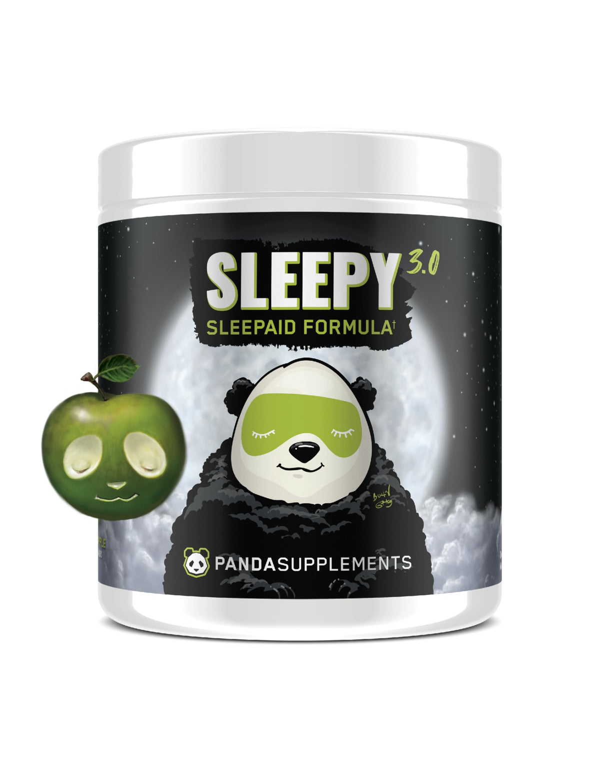Underground Bio Labs Panda Supps Sleepy 3.0 green apple bottle supports a calm bedtime routine.