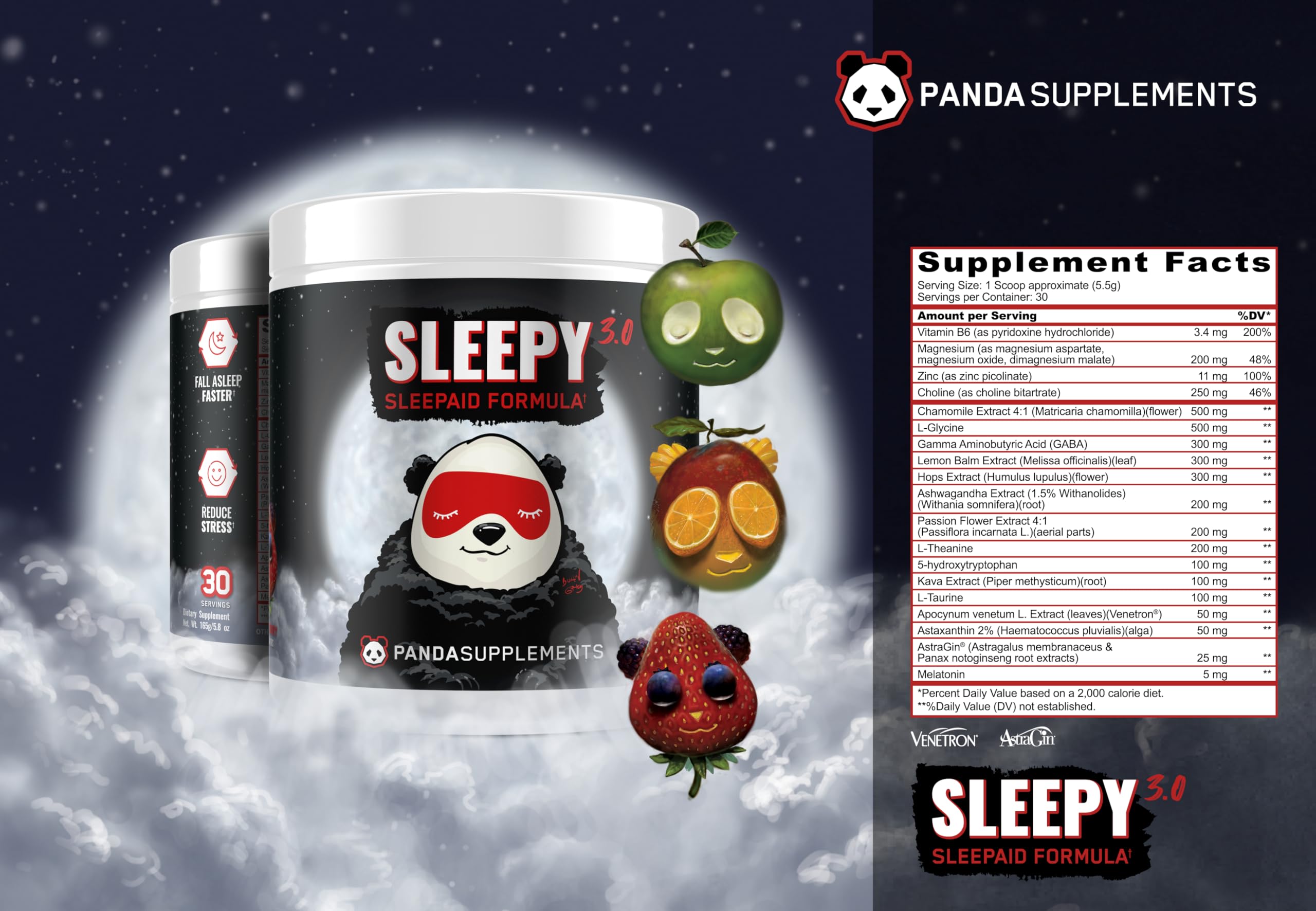 Underground Bio Labs Panda Supps Sleepy 3.0 label close-up shows transparent ingredients.