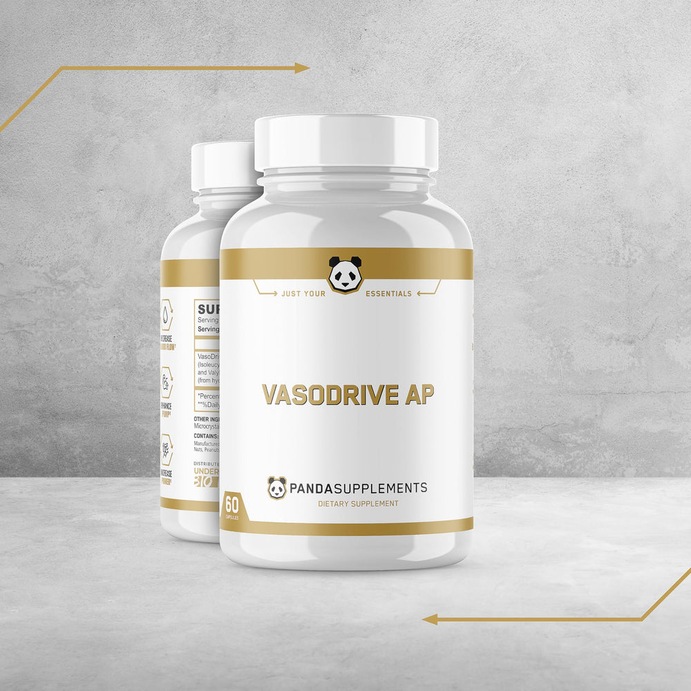 Boxed Panda Supps Vasodrive-AP packaging with branding and clear dosing information.