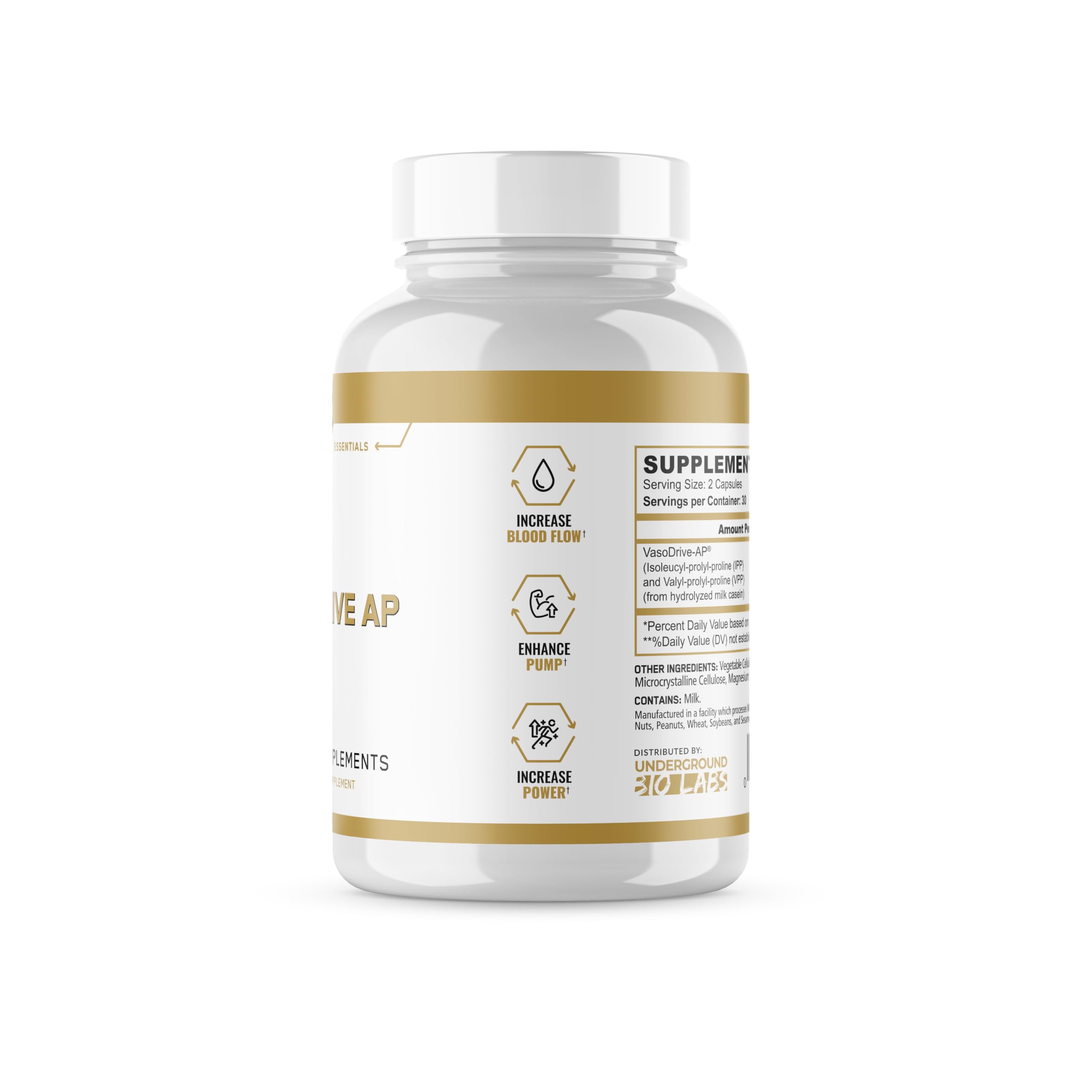 Vasodrive-AP label highlights fermented casein-derived peptides for ingredient integrity.