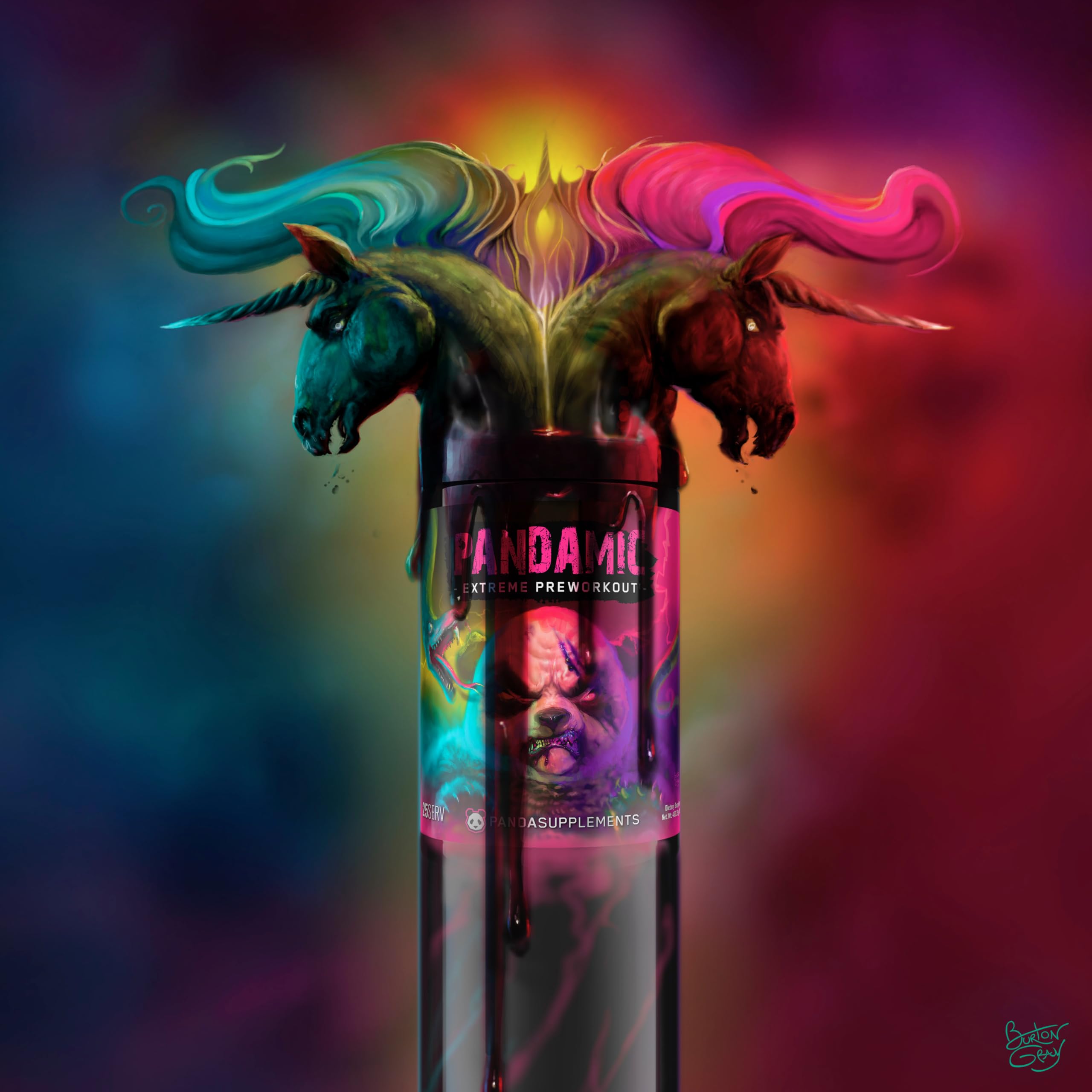 Underground Bio Labs Panda Supps Pandamic V2 flavors display featuring unicorn-inspired options.