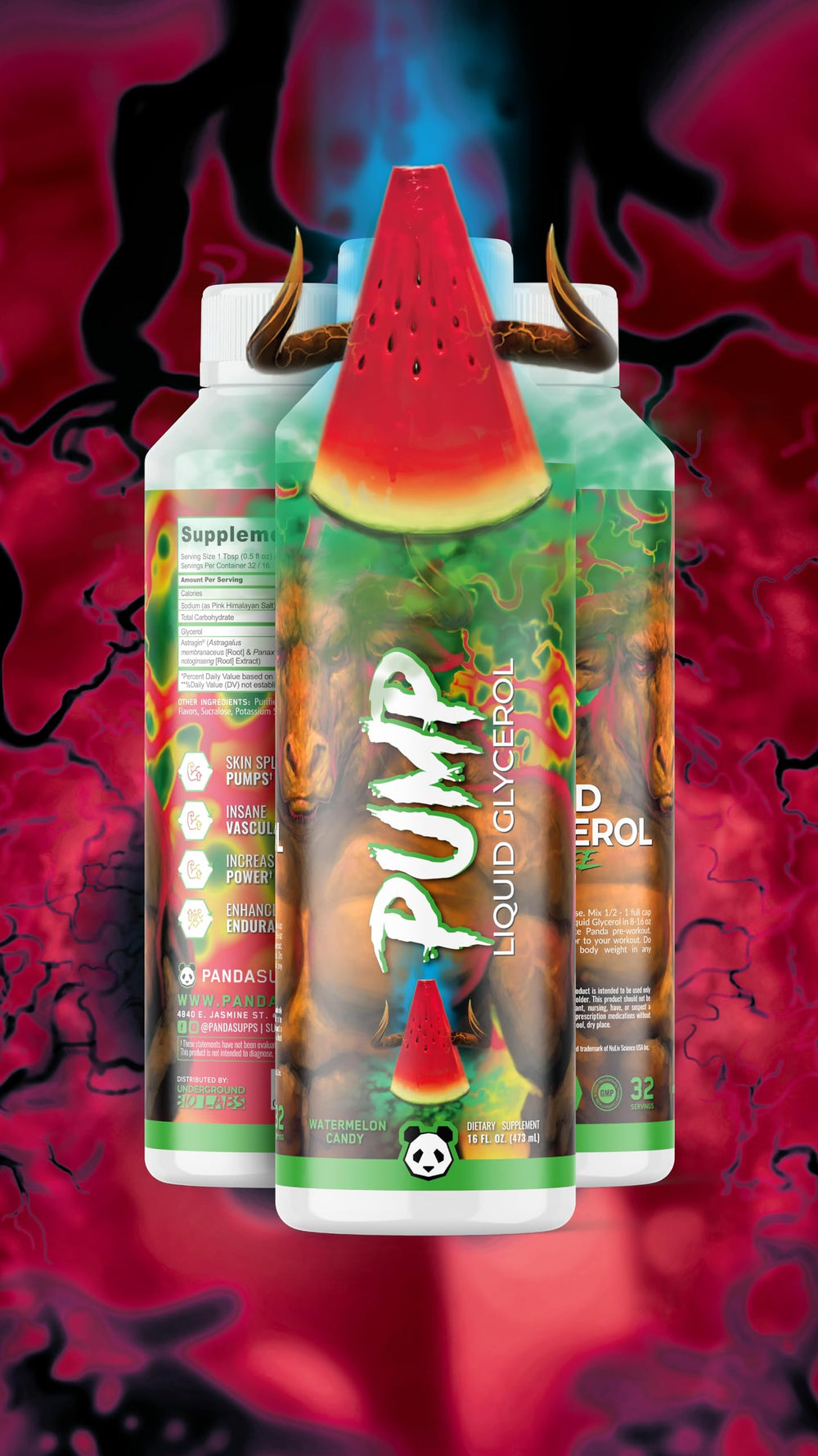 Close-up of Panda Supps Pump glycerol label design and branding