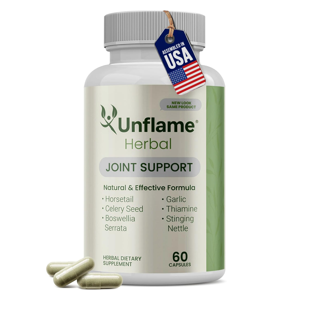 Unflame Herbal bottle front view showing joint and mobility support