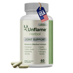 Unflame Herbal bottle front view showing joint and mobility support