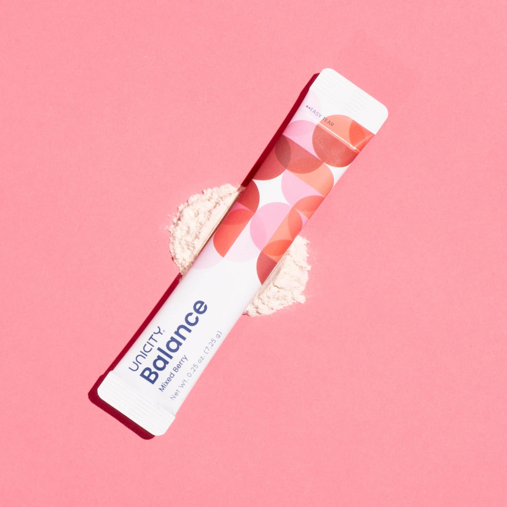 Unicity Balance Mixed Berry stick pack on-the-go for convenient nutrition.