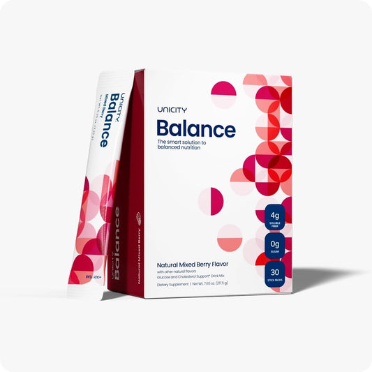 Unicity Balance Mixed Berry stick packs ready to mix for premeal appetite control.