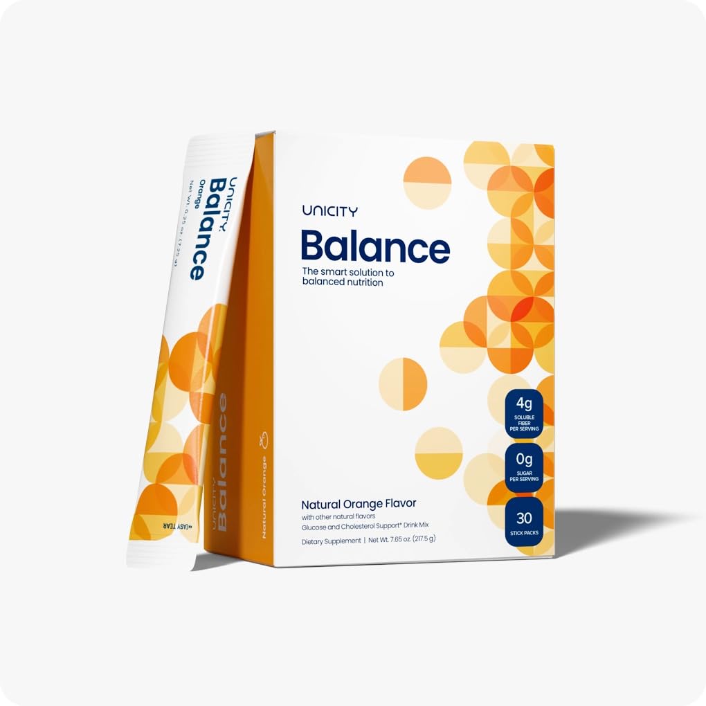 Unicity Balance Natural Orange packet on counter, supporting appetite control.