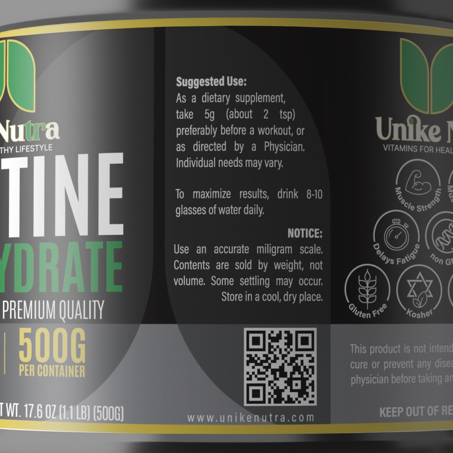 Unike Nutra Pure Creatine Monohydrate label shows kosher and halal