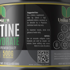 Unike Nutra Pure Creatine Monohydrate label shows kosher and halal