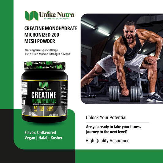 Unike Nutra Pure Creatine Monohydrate container ready to mix for workouts