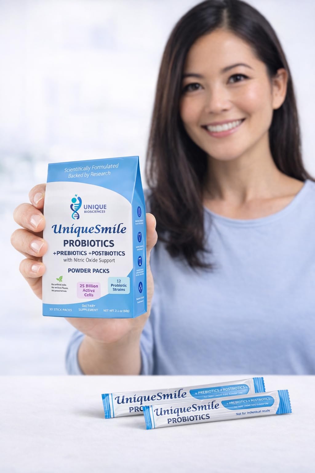 Closeup of UniqueSmile stick-pack for on-the-go daily use