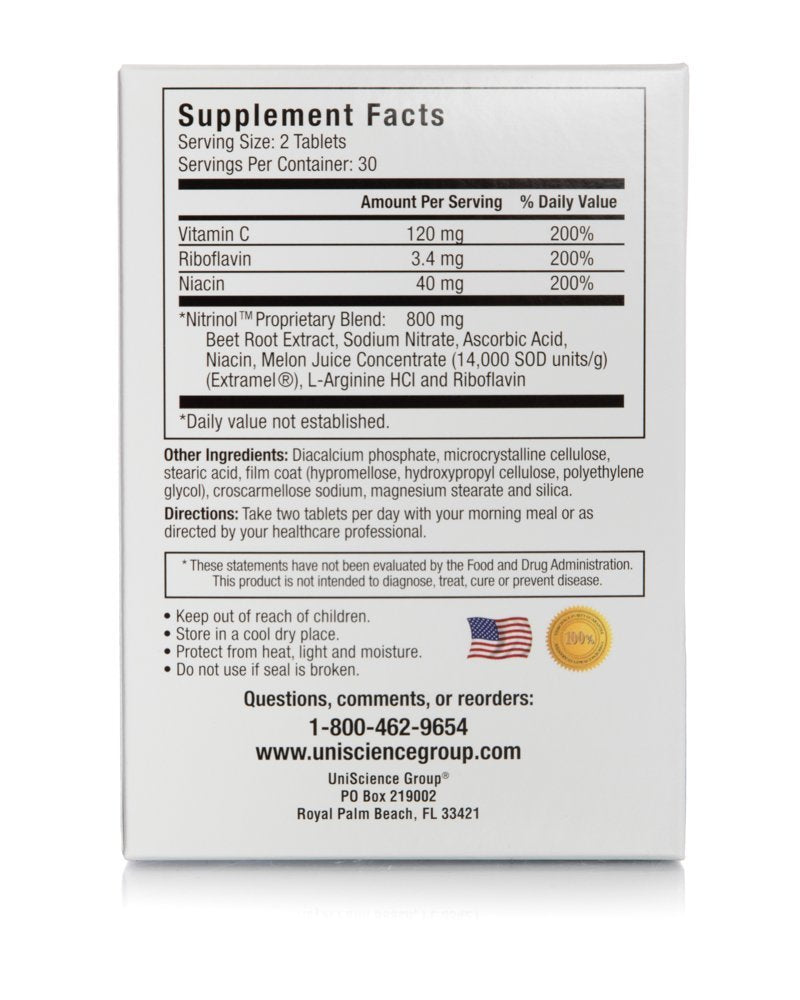 Close-up of UniScience Nitrinol tablets suggesting energy and vitality support.