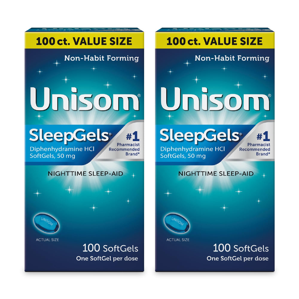 Unisom SleepGels bottle closeup reveals liquid-filled softgels.