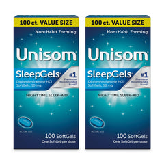 Unisom SleepGels bottle closeup reveals liquid-filled softgels.