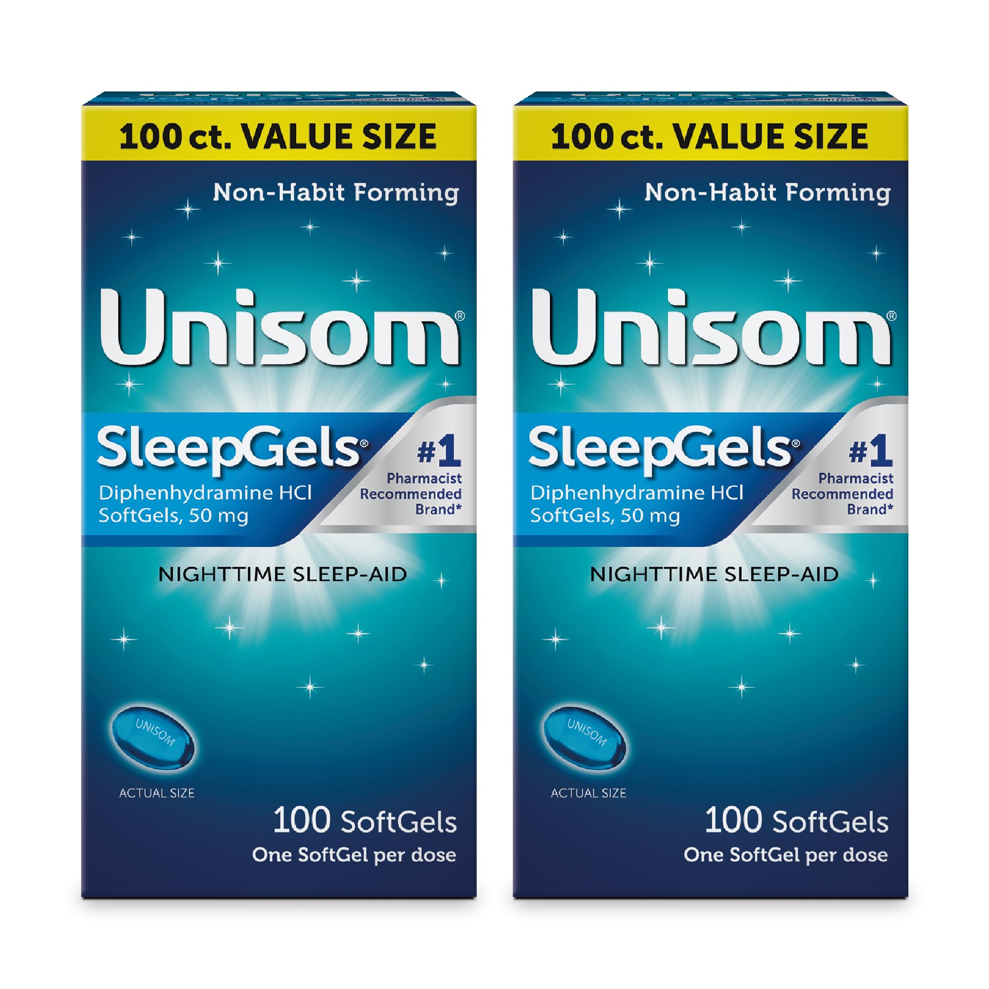 Unisom SleepGels packaging highlights the nighttime formula for restful evenings.