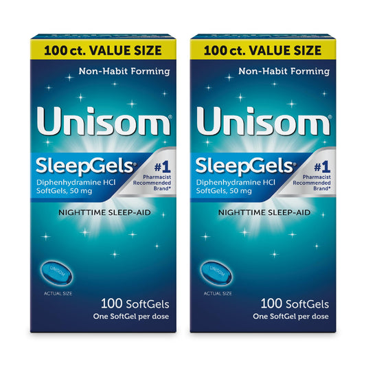 Unisom SleepGels packaging highlights the nighttime formula for restful evenings.