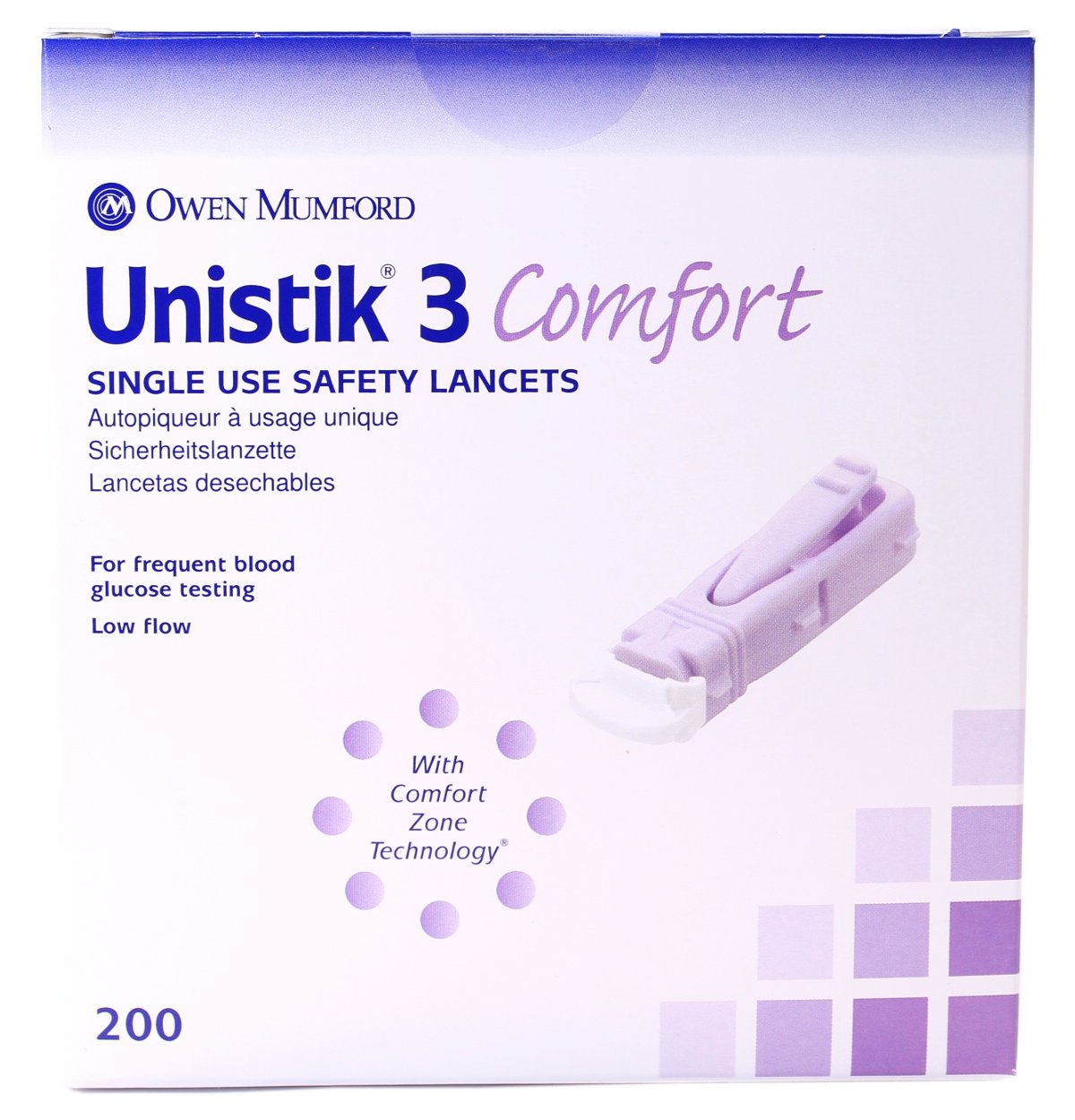 Unistik 3 Comfort Safety Lancet 28G with 1.88 mm depth for safe single-use testing.