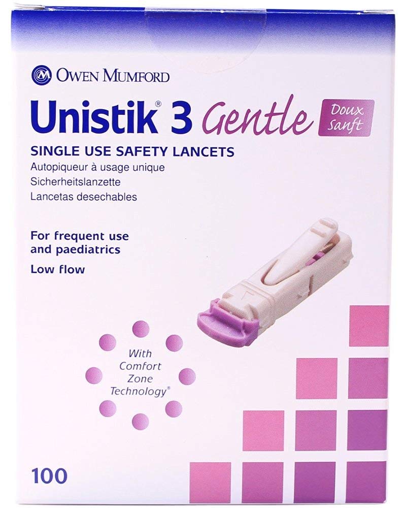 Unistik 3 Gentle Safety Lancets box of 100 for reliable at-home testing.