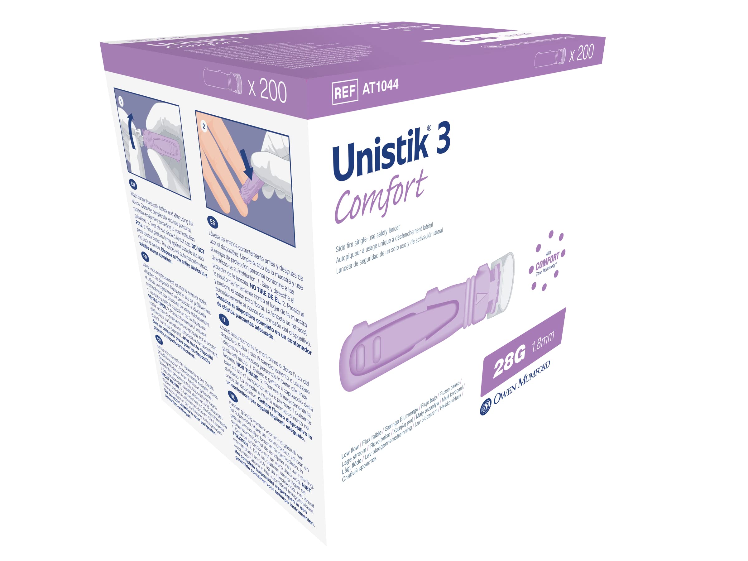 Unistik 3 safety lancets 28G box, convenient for glucose testing.