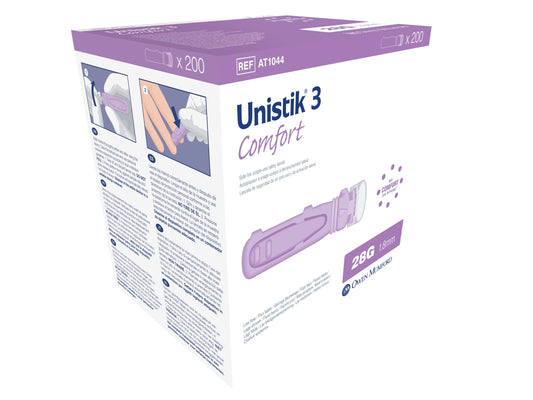 Unistik 3 safety lancets 28G box, convenient for glucose testing.