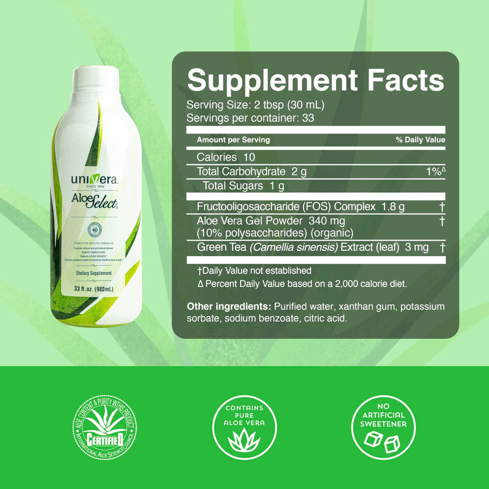 Univera Aloe Select Original label closeup highlights ACTIValoe content.