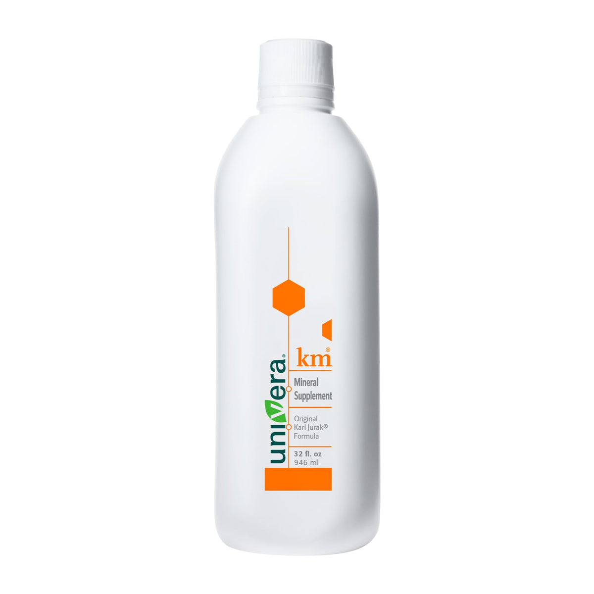 Univera KM bottle front shows the earthy mineral formula for daily support.