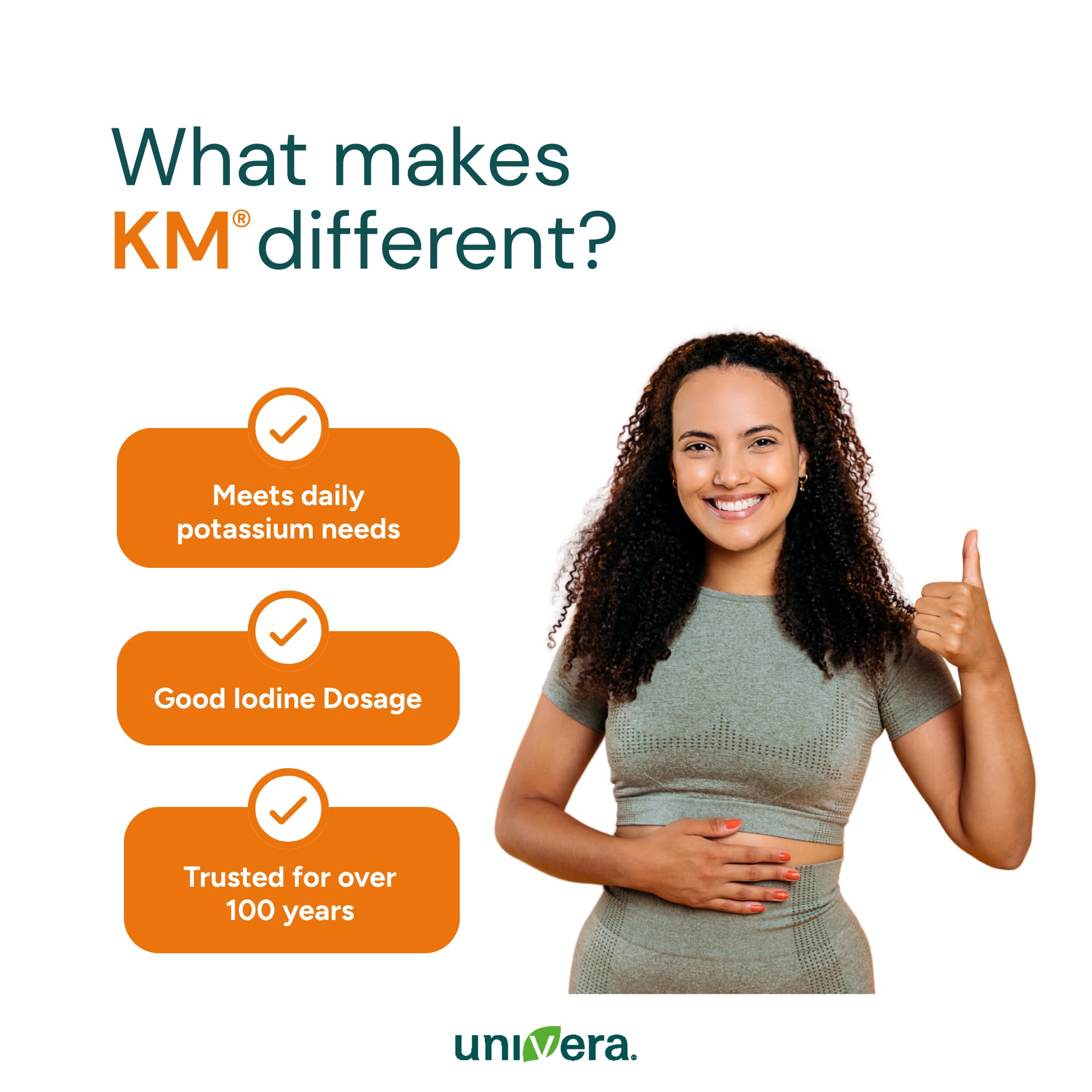 Univera KM bottle with measuring spoon shows simple daily dosing.