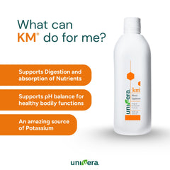 Univera KM bottle pour demonstrates easy mixing with a cold beverage.
