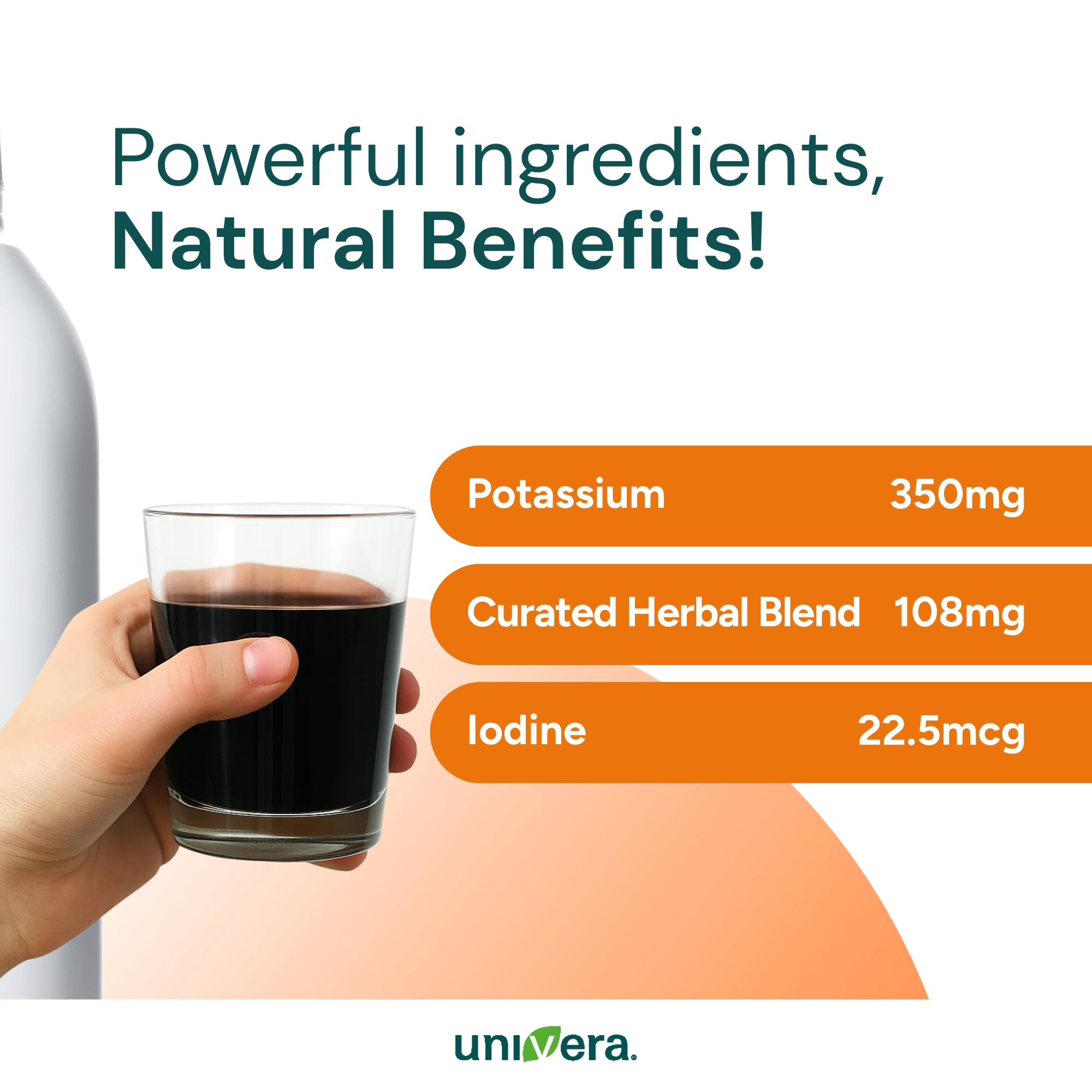 Univera KM bottle side profile highlights sturdy packaging.