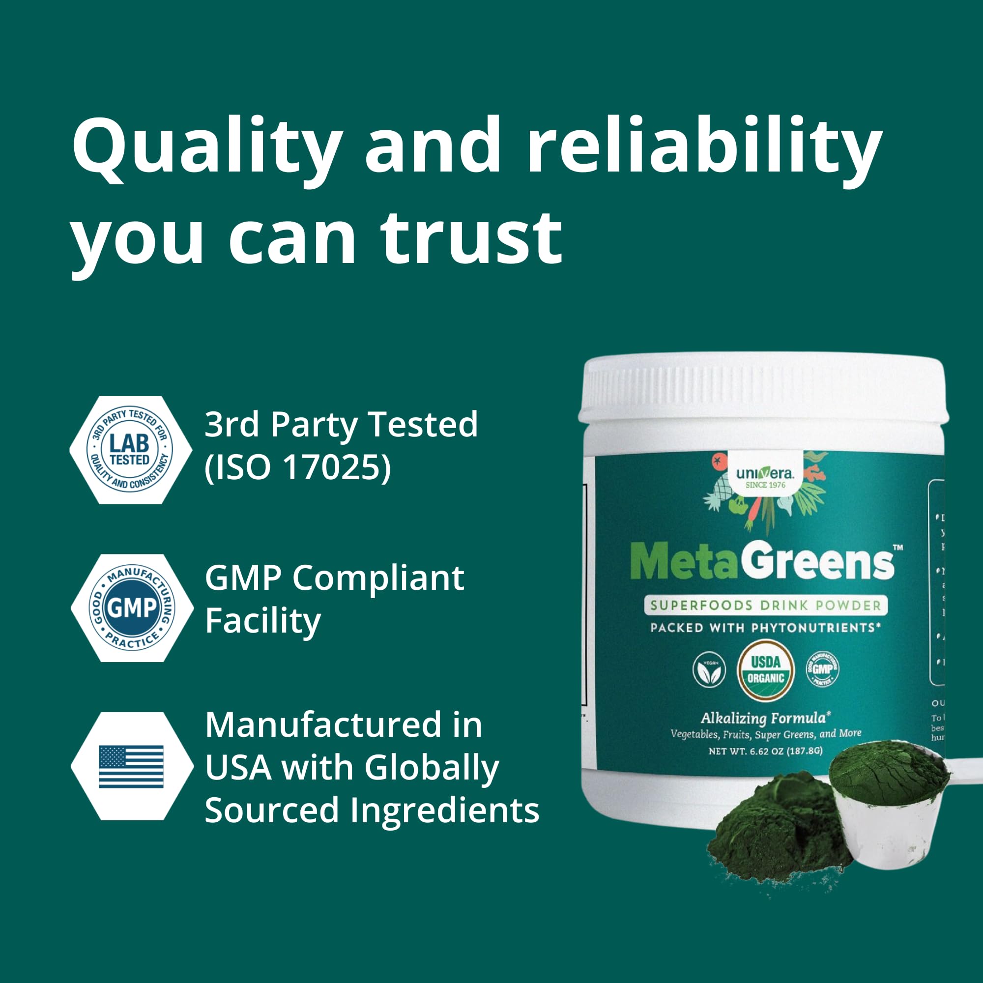 Univera Metagreens daily-use setup emphasizes vegan, non-GMO formulation.