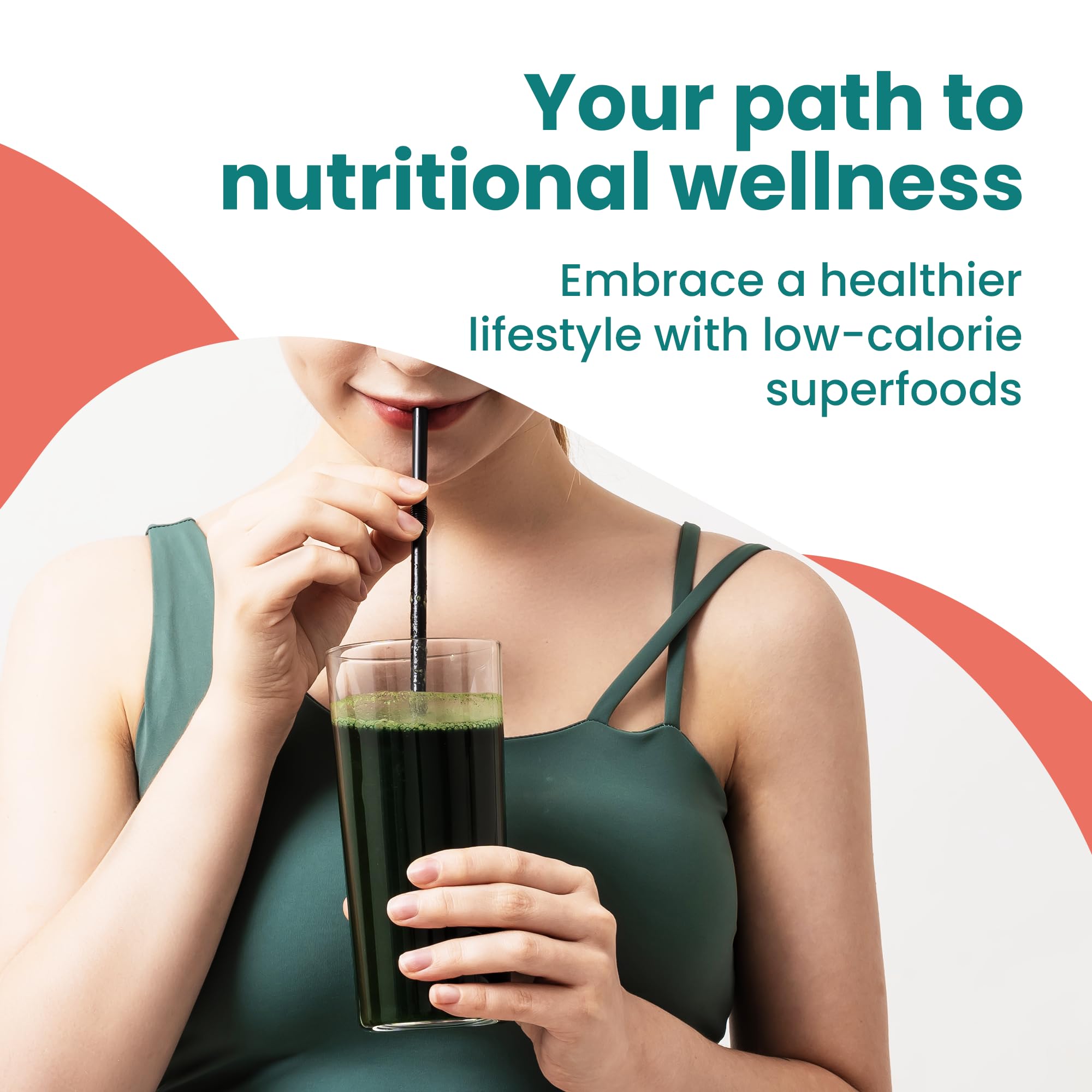 Univera Metagreens ingredients closeup shows spirulina, chlorella, barley grass.