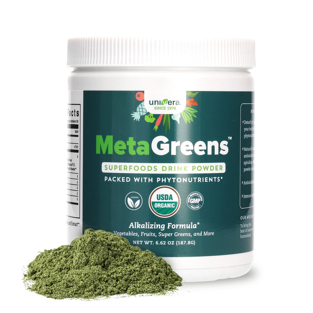Univera Metagreens tub front showing vibrant greens for daily greens boost.