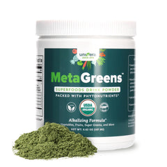 Univera Metagreens tub front showing vibrant greens for daily greens boost.
