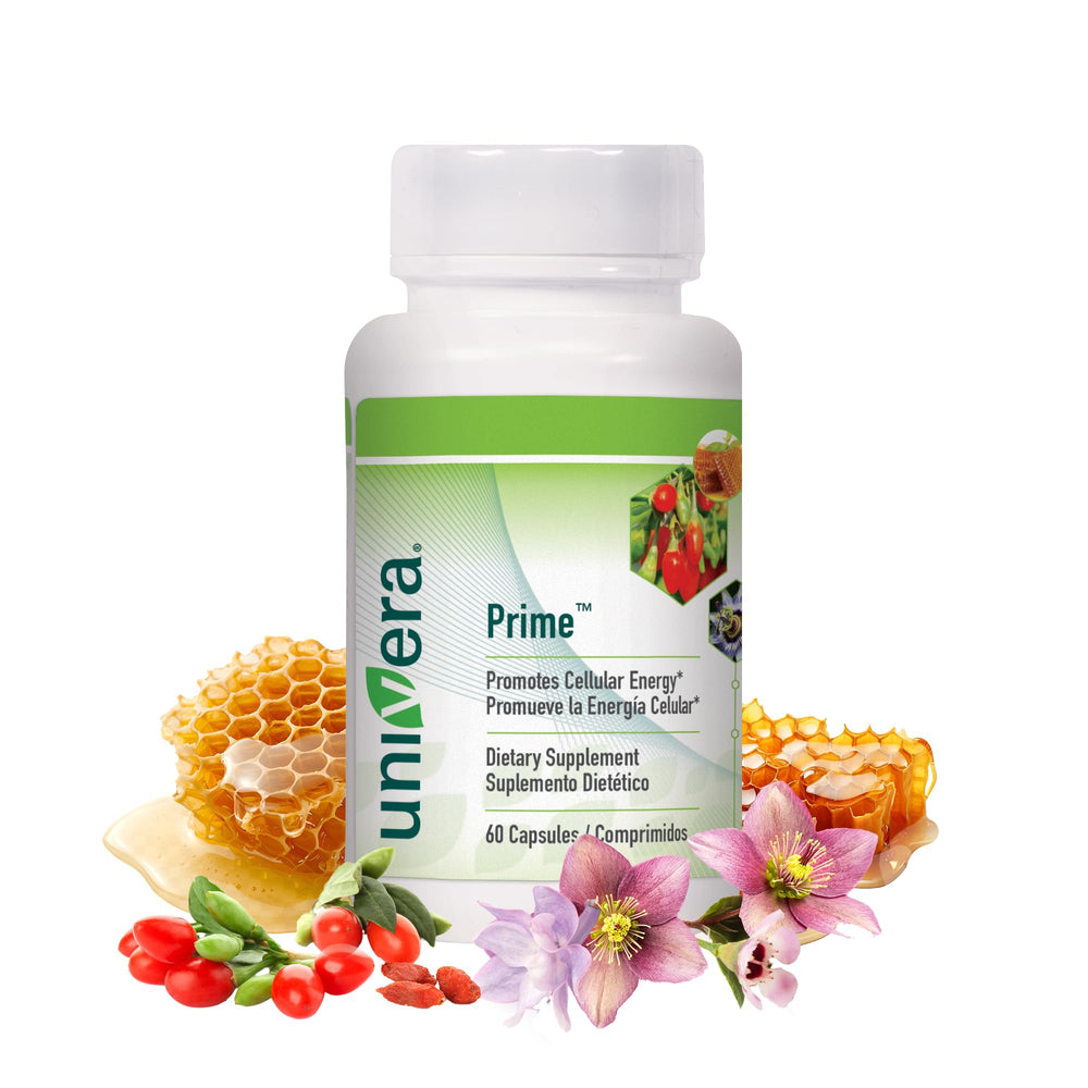 Univera Prime bottle front view highlighting immune support and heart health.