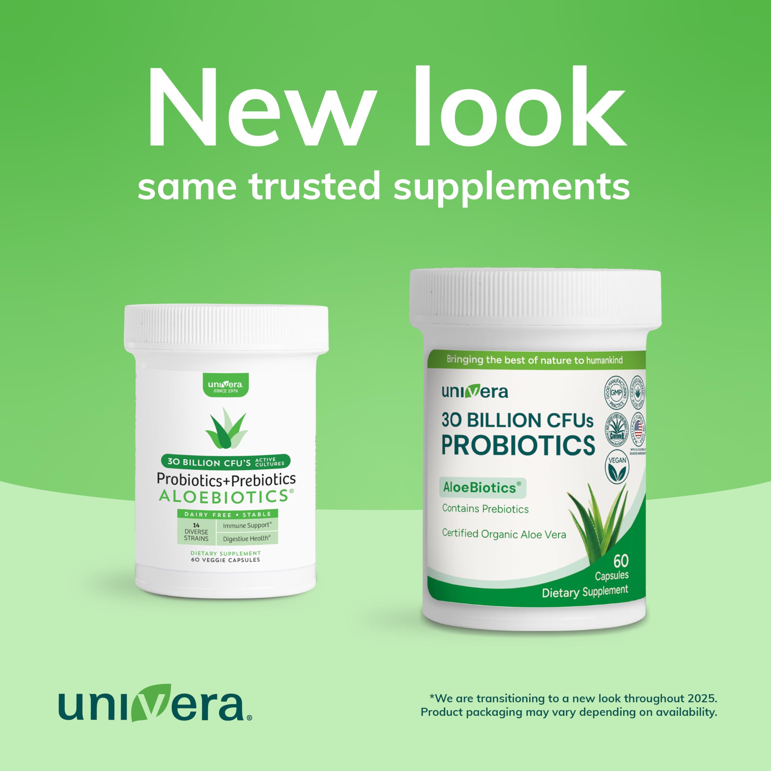 Univera Probiotics capsules close-up show vegan, non-GMO formula.