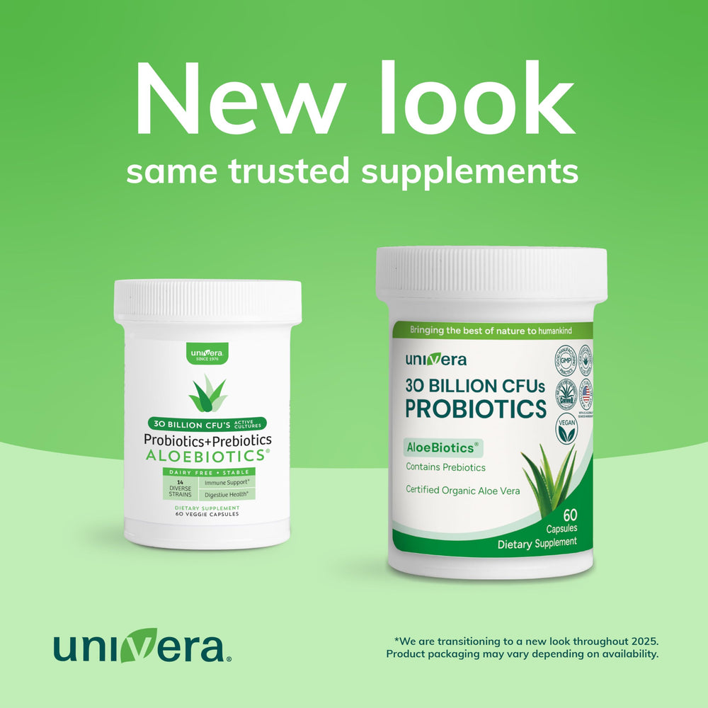 Univera Probiotics capsules close-up show vegan, non-GMO formula.