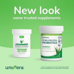 Univera Probiotics capsules close-up show vegan, non-GMO formula.