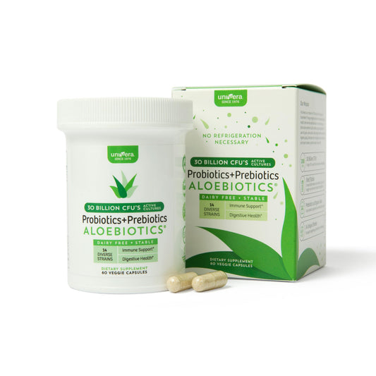 Univera Probiotics for Women label close-up highlights organic aloe prebiotic blend.