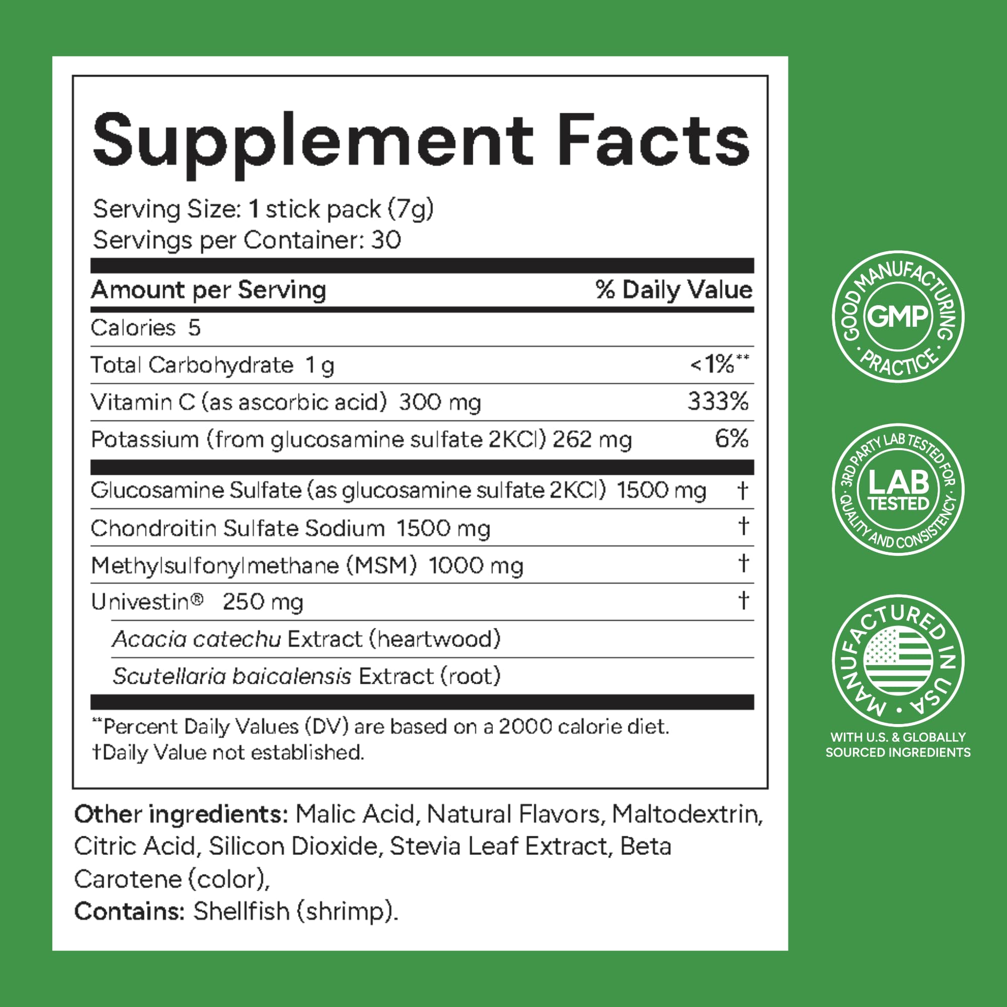 Univera shellfish warning label informing allergen considerations.