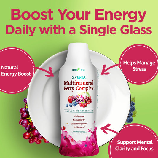 Univera Xperia Concentrate bottle being poured highlights convenient 30-day supply.