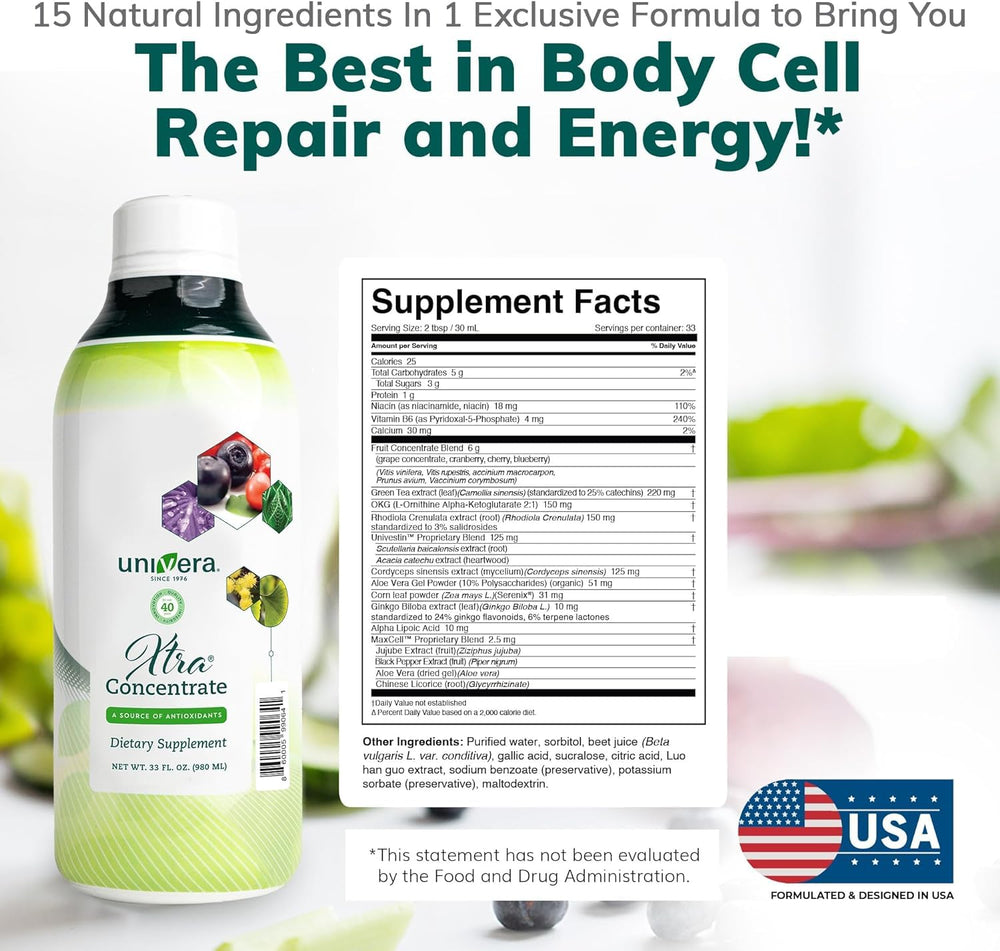 Front label of Univera Xtra Concentrate highlights a 30-day supply for daily vitality.