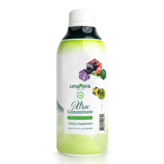 Univera Xtra Concentrate bottle being poured for a refreshing energy and focus boost.