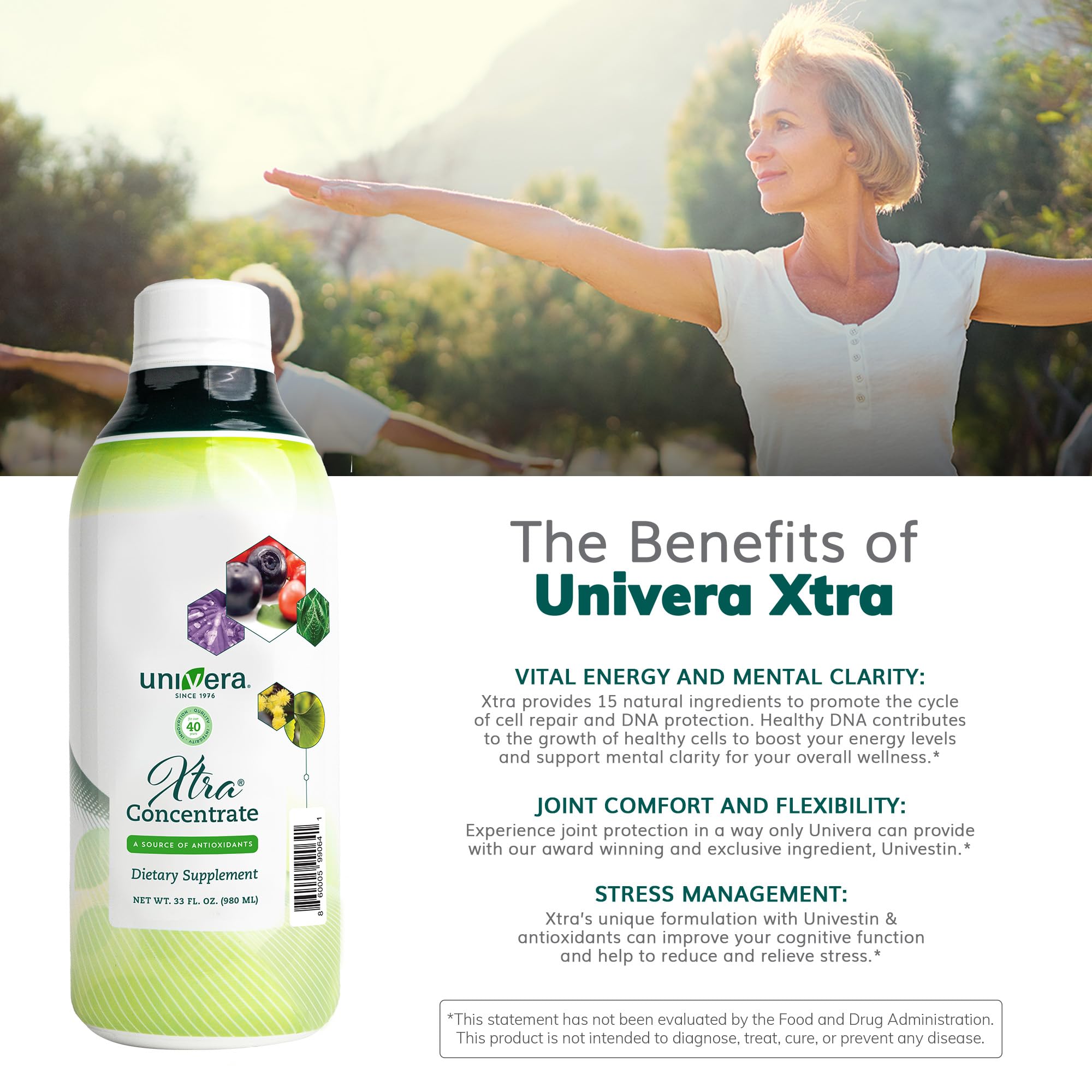 Close-up of natural ingredients on Univera Xtra Concentrate packaging emphasizes 15 nourishing components.